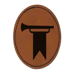 Trumpet and Banner Royal Medieval Round Iron-On Engraved Faux Leather Patch Applique - 2.5" Brown