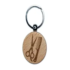 Hair Cutting Comb Scissors with Hearts Engraved Wood Round Keychain Tag Charm