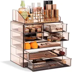 Sorbus Medium Makeup Organizer Set - (3 Large / 4 Small Drawers/Top Tray) Brown