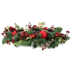 Northlight Pine and Berries Triple Candle Holder with Plaid Bows and Christmas Ornaments - 30" Green