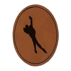 Speed Skating Skater Round Iron-On Engraved Faux Leather Patch Applique - 2.5" Brown