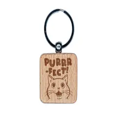Purrrfect Perfect Cat Engraved Wood Square Keychain Tag Charm