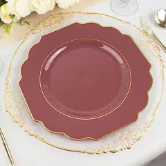 10 Pcs 12" Disposable Baroque Plastic Dinner Plates with Gold Rim Cinnamon rose