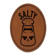 Kawaii Cute Salty Grumpy Salt Round Iron-On Engraved Faux Leather Patch Applique - 2.5" Brown