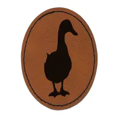 Duck From the Front Silhouette Round Iron-On Engraved Faux Leather Patch Applique - 2.5" Brown