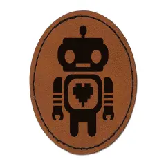 Cute Little Robot with a Heart Round Iron-On Engraved Faux Leather Patch Applique - 2.5" Brown