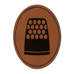 Thimble Sewing Round Iron-On Engraved Faux Leather Patch Applique - 2.5" Brown