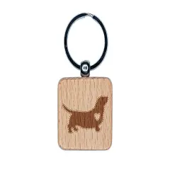 Basset Hound Dog with Heart Engraved Wood Square Keychain Tag Charm