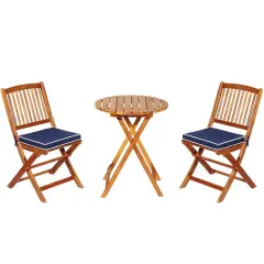 3 Pieces Patio Folding Wooden Bistro Set Cushioned Chair Blue