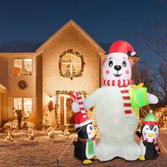 5.9FT Christmas Inflatable Outdoor Decoration Polar Bear Gift Box Penguin Blow Up Yard Decoration with LED Light Built-in Air Blower for Winter Holiday Xmas Garden