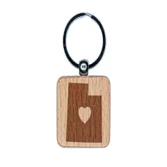 Utah State with Heart Engraved Wood Square Keychain Tag Charm