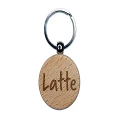 Latte Coffee Fun Text Engraved Wood Round Keychain Tag Charm