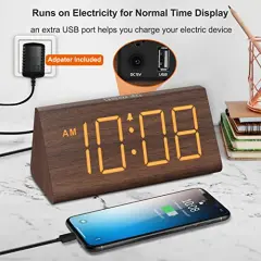 Wooden Digital Alarm Clocks for Bedrooms - Electric Desk Clock with Large Numbers, USB Port, Battery Backup Alarm, Adjustable Volume, Dimmer, Snooze, DST, 12/24H, Wood D&eacute;cor (Brown)