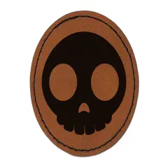 Witty Skull Icon Round Iron-On Engraved Faux Leather Patch Applique - 2.5" Brown