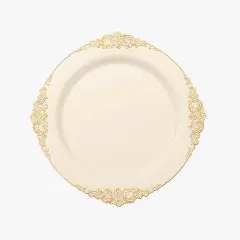 10 Pcs Disposable Plastic Salad Dinner Plates Embossed Baroque Trim Party Ivory