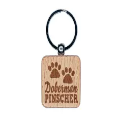 Doberman Pinscher Dog Paw Prints Fun Text Engraved Wood Square Keychain Tag Charm