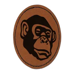Bonobo Chimpanzee Ape Face Round Iron-On Engraved Faux Leather Patch Applique - 2.5" Brown
