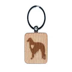 Borzoi Russian Wolfhound Dog with Heart Engraved Wood Square Keychain Tag Charm