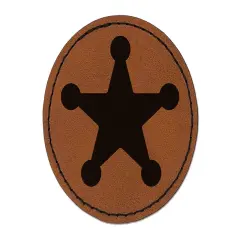 Cowboy Sheriff Badge Star Round Iron-On Engraved Faux Leather Patch Applique - 2.5" Brown