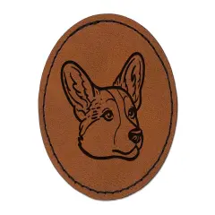 Cardigan Welsh Corgi Head Round Iron-On Engraved Faux Leather Patch Applique - 2.5" Brown