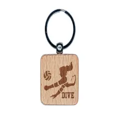 Volleyball Woman Dive Sports Move Engraved Wood Square Keychain Tag Charm