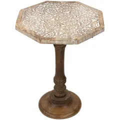 Northlight 21" Wooden Brushed White Engraved Paisley Octagonal Pedestal Side Table Beige