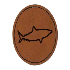 Shark Outline Round Iron-On Engraved Faux Leather Patch Applique - 2.5" Brown