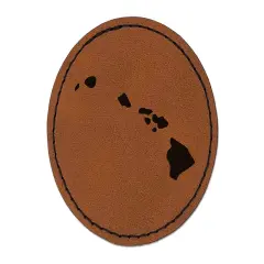 Hawaii State Silhouette Round Iron-On Engraved Faux Leather Patch Applique - 2.5" Brown