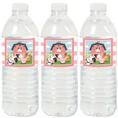 Big Dot of Happiness Girl Farm Animals - Pink Barnyard Baby Shower or Birthday Party Water Bottle Sticker Labels - Set of 20