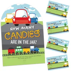 Big Dot of Happiness Cars, Trains, and Airplanes - How Many Candies Transportation Birthday Party Game - 1 Stand and 40 Cards - Candy Guessing Game