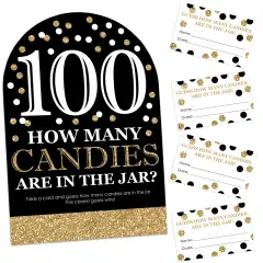 Big Dot of Happiness Adult 100th Birthday - Gold - How Many Candies Birthday Party Game - 1 Stand and 40 Cards - Candy Guessing Game