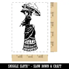 Pensive Victorian Woman Standing with Parasol Umbrella in Hand Rectangle Rubber Stamp for Stamping Crafting