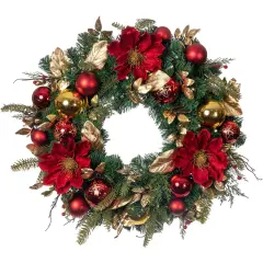 30 in. Lighted Christmas Wreath - Golden Leaf Red Magnolia