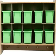 Cubby Storage Organizer Cubes, 10 Cubbies with Coat Hooks, Hanging Wall Cubby Shelf for Kids Toys, Daycare, Classroom, 47-Inch Width Lime Green