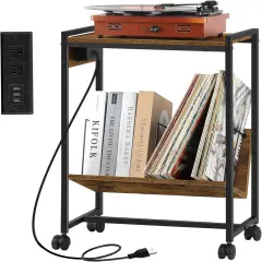 Record Player Holder Stand End Table with Vinyl Storage Brown