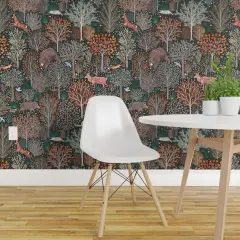 Pre-Pasted Wallpaper 2FT Wide Rustic Woodland Whimsical Forest Animals Deer Wolf Birds Trees Woods Nature Fall Autumn Leaves Custom Pre-pasted Wallpaper by Spoonflower