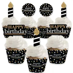 Big Dot of Happiness Adult Happy Birthday - Gold - Cupcake Decoration - Birthday Party Cupcake Wrappers and Treat Picks Kit - Set of 24