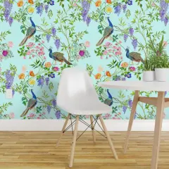 Pre-Pasted Wallpaper 2FT Wide Peacock Chinoiserie Maximalist Spring Floral Forest Elegant Botanical Aqua Mint Light Blue Large Scale Custom Pre-pasted Wallpaper by Spoonflower