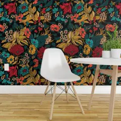 Peel & Stick Wallpaper 2FT Wide Botanical Autumn Fall Hand Drawn Vintage Floral Bright Vibrant Maximalist Custom Removable Wallpaper by Spoonflower