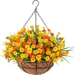 Everlasting Spring Charm: Artificial Hanging Flowers with Coconut-Lined Basket Orange