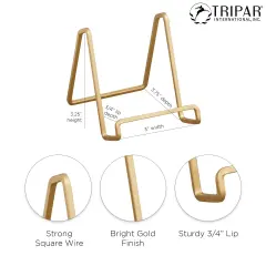 Square Metal Wire Stand, Gold Display (3 Inch Depth) Tabletop Easel Sleek & Modern Look - Perfect for Books, Plates, Photos & More