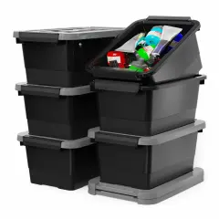 WYT Plastic Storage Bins with Lids and Latch, 6-Pack Small Stackable Plastic Organizing Box with Buckle and Handle, 3.5 Quart Durable Nestable Totes Containers (Black/Grey)