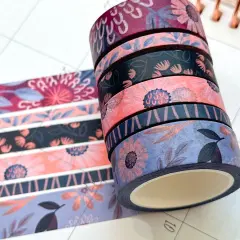 Periwinkle Pink Navy Coral Floral Modern Flowers Washi Tape Set February 2024 - W101