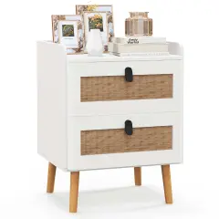 Costway Modern Nightstand End Bedside Table with 2 Rattan Drawers & Solid Wood Legs White