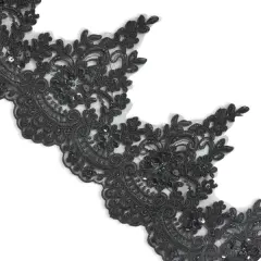 Marie Embroidered Organza Lace Trim with Pearls and Sequin Black
