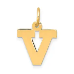 14K Yellow Gold Small Block Intial Letter V Charm Jewerly 18mm x 10mm