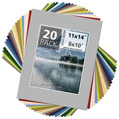 20 Pack 11x14 MIXED COLORS White Core Picture Mats for 8x10 Photos pictures and prints.