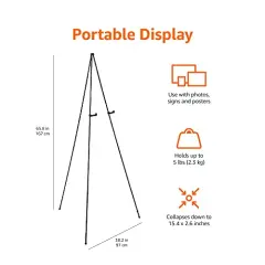 Easel Stand, Instant Floor Poster, Lightweight, Collapsible and Portable with Tripod Base, Black Steel(supports 5 pounds)