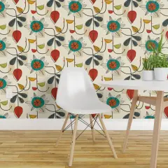 Pre-Pasted Wallpaper 2FT Wide Mid Century Retro Floral Block Colour Cream Beige Geometric Shapes Atomic Age Custom Pre-pasted Wallpaper by Spoonflower