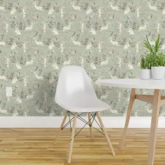 Pre-Pasted Wallpaper 2FT Wide Whimsical Bunnies Easter Bunny Woodland Animals Forest Butterflies Sage Green Custom Pre-pasted Wallpaper by Spoonflower